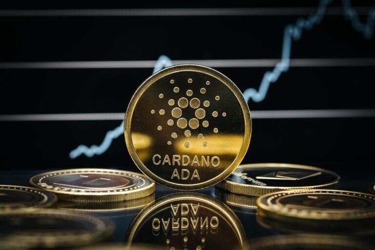 Gold Cardano (ADA) cryptocurrency coin displayed with a chart indicating upward trends in the background.