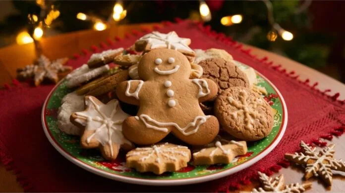 A colorful plate of Christmas cookies, including a decorated gingerbread man, snowflake-shaped sugar cookies, and other festive holiday treats, set against a warm, lit background.