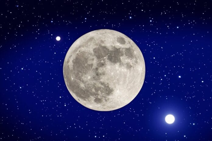 A full Moon in the center of a starry night sky with two bright celestial objects nearby, creating a captivating astronomical scene.