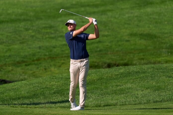 Ludvig Åberg swings his club during the Genesis Invitational 2025, where he secured his first major PGA Tour victory.