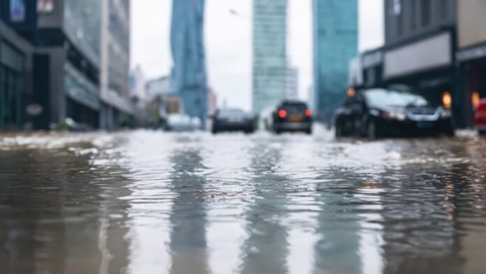 A flooded city street with high water levels, partially submerged cars, and blurred skyscrapers in the background after heavy rainfall.